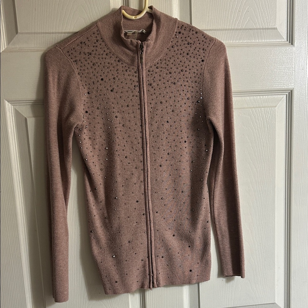 Pink Liquid zippered cardigan with Rhinestone Accents